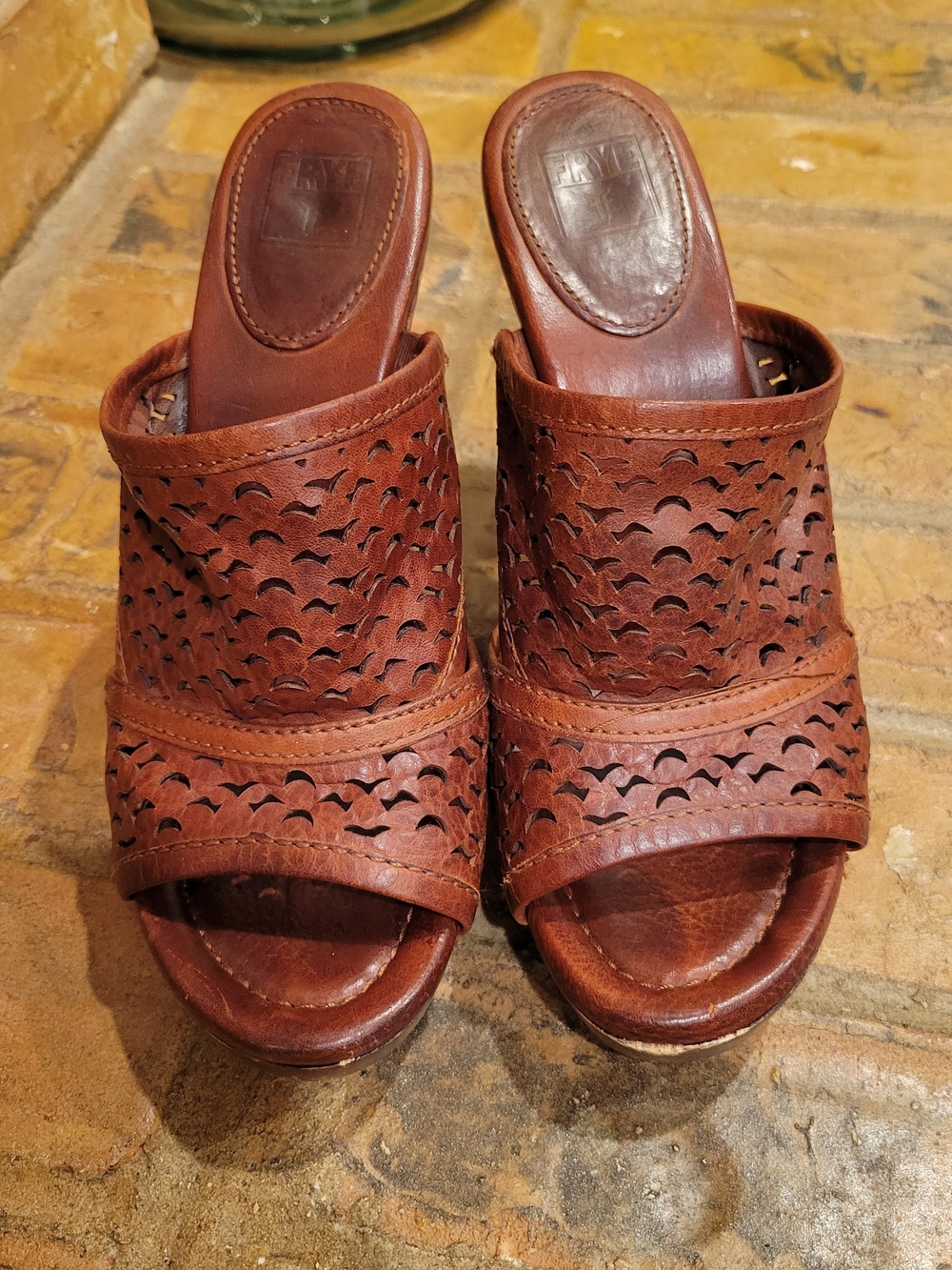Frye Rust Brown Perforated Leather Slide Sandals